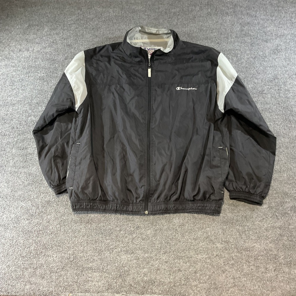Champion Mens Windbreaker Jacket Black Grey Full Zip Nylon Lined Vintage Large